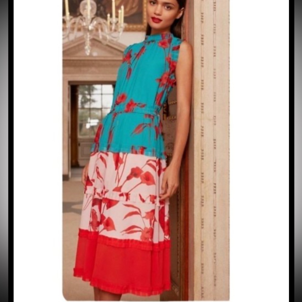 Teal & Red Floral Tiered Midi Dress - Sleeveless High Neck